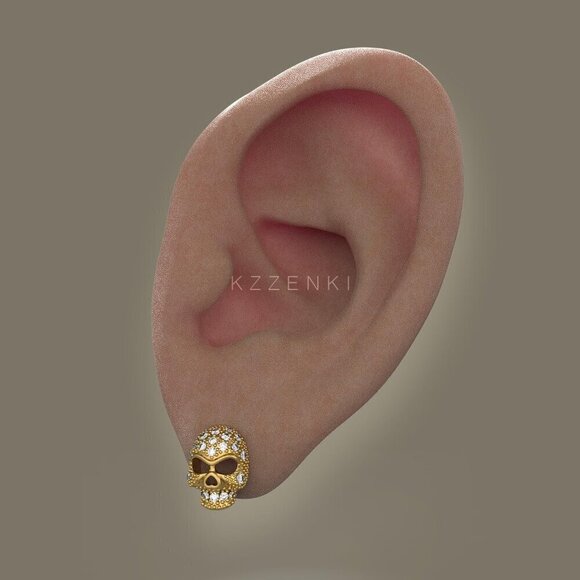 Women Gold Skull Earrings Sterling Silver Post Cubic Zirconia Stud Goth Jewelry, - Picture 5 of 6